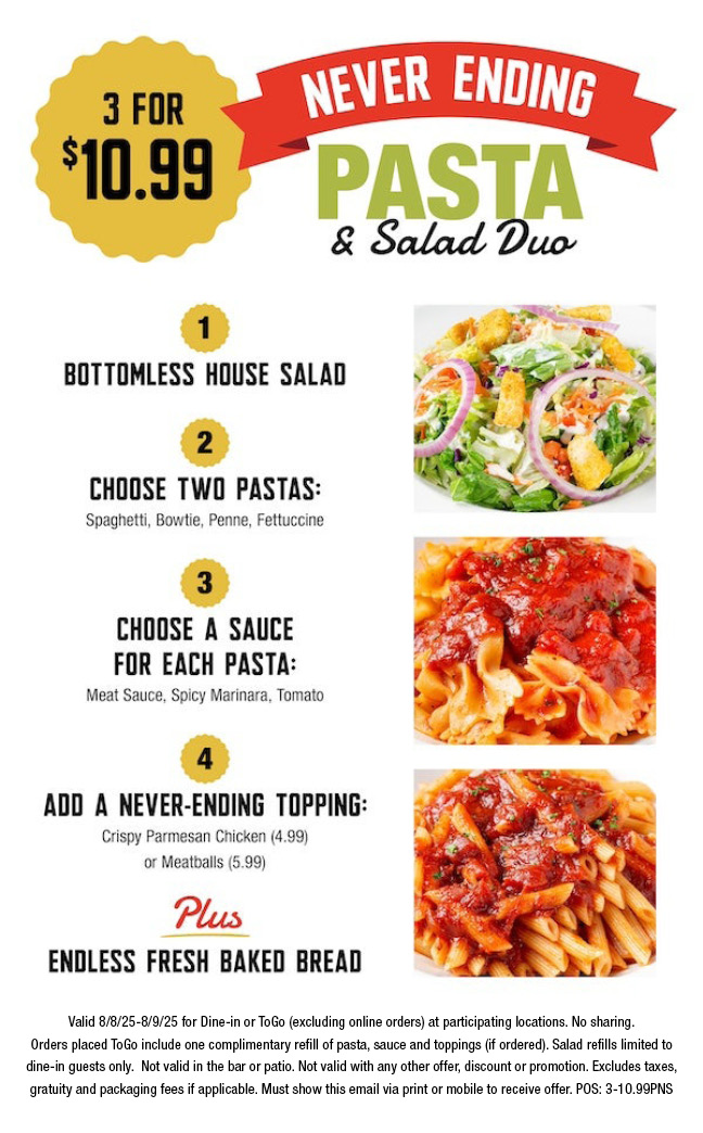 All-You-Can-Eat Pasta and Salad is Back Today & Tomorrow for only $10.99!