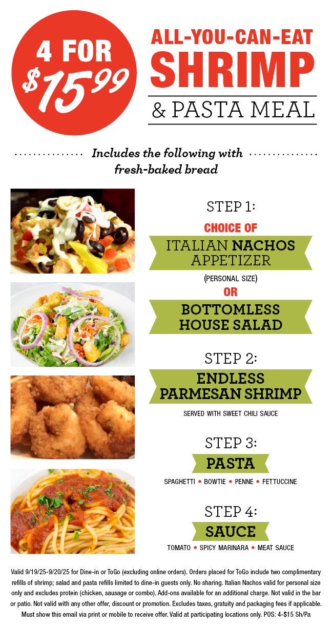 4 for $15.99 All-You-Can-Eat Shrimp and Pasta is BACK Today and Tomorrow!