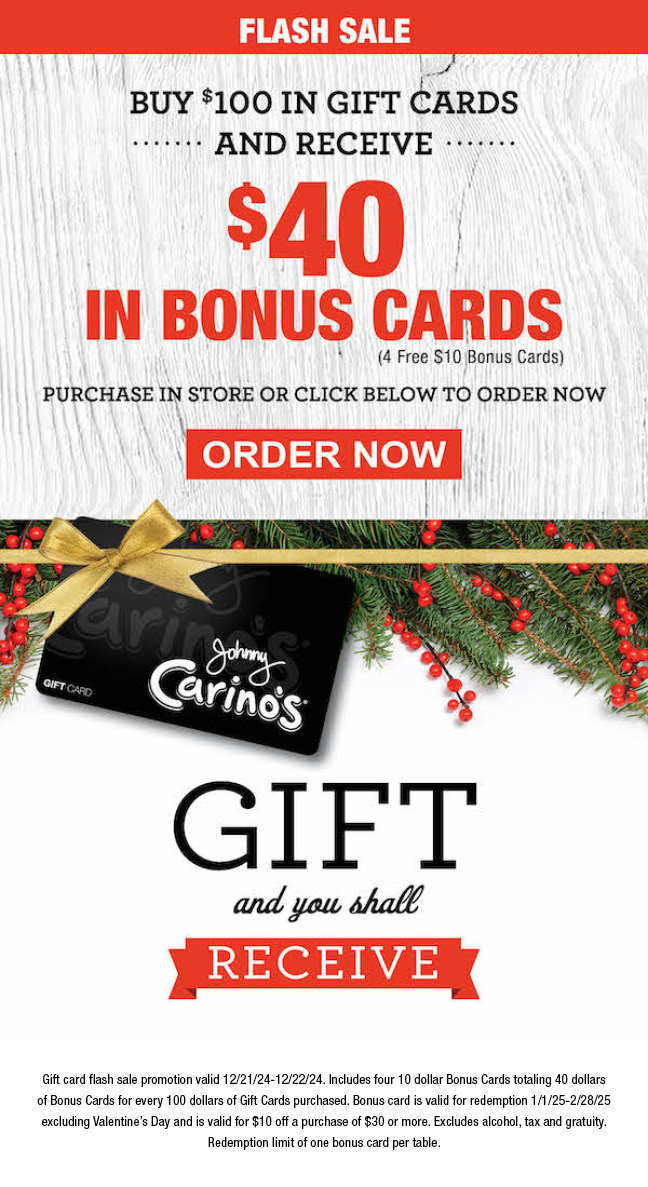 Bonus Flash Deal! This weekend only, get $40 in Bonus Cards for Every $100 Gift Card Purchase.