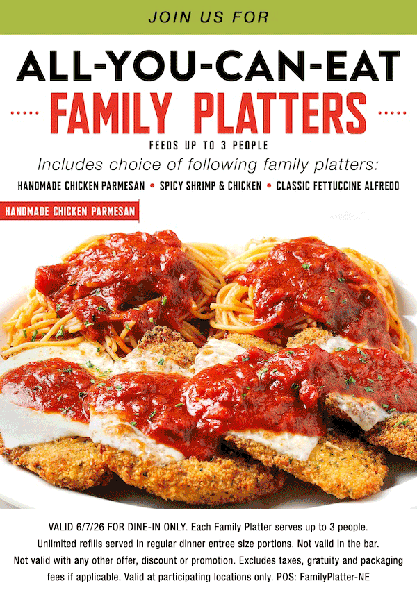 All-You-Can-Eat Family Platters at Johnny Carinos! Don't Miss -Today Only!