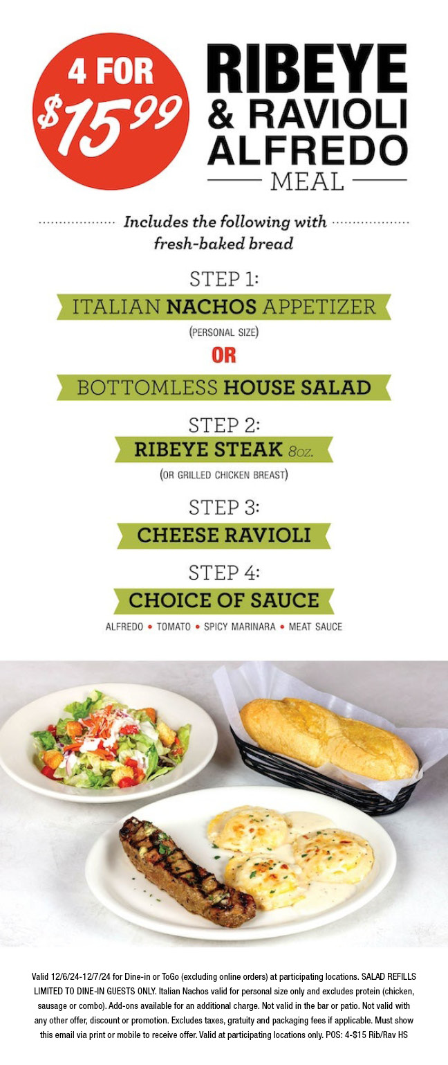 Our 4 for $15.99 Ribeye Steak and Alfredo Ravioli is Back Fri-Sat!
