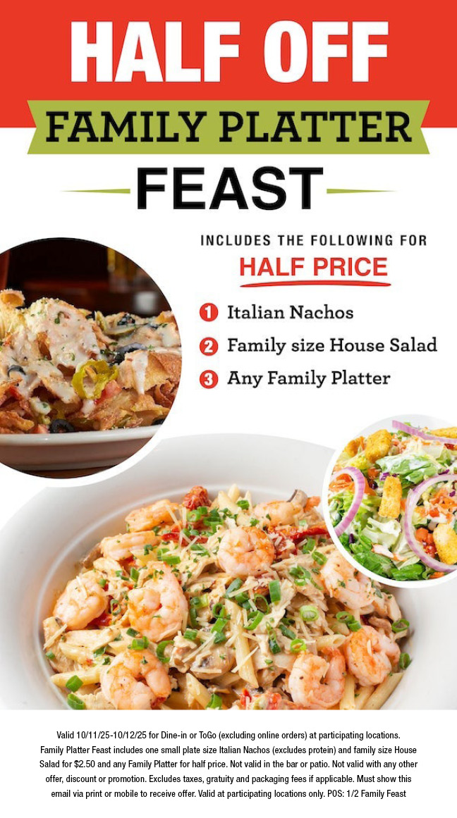 Half off Family Platter Feast! Includes half off family platter plus nachos and a salad for only $2.50
